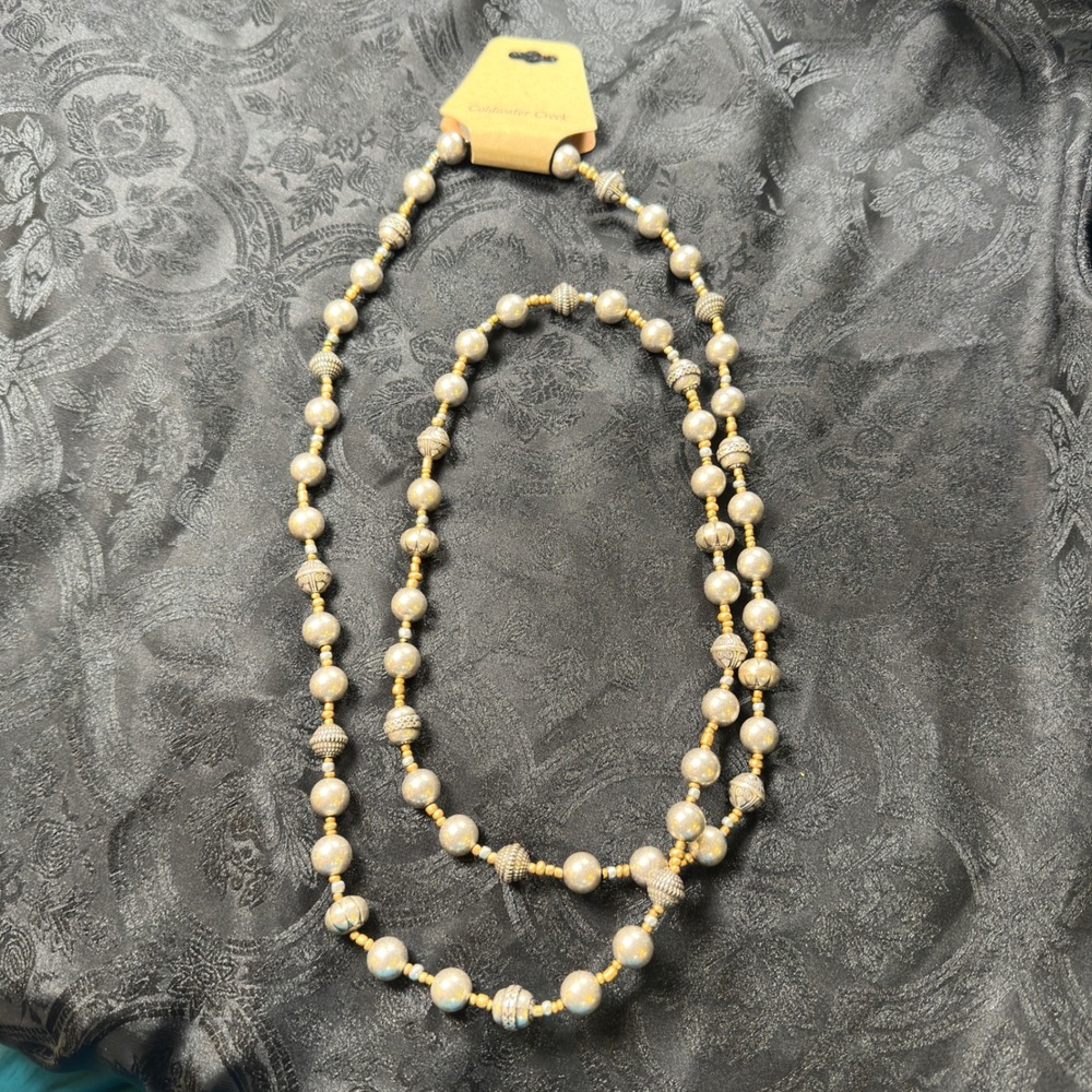 Coldwater Creek Endless Treasure Necklace Faux Pearl Silver Long Strand NWT - Picture 2 of 8